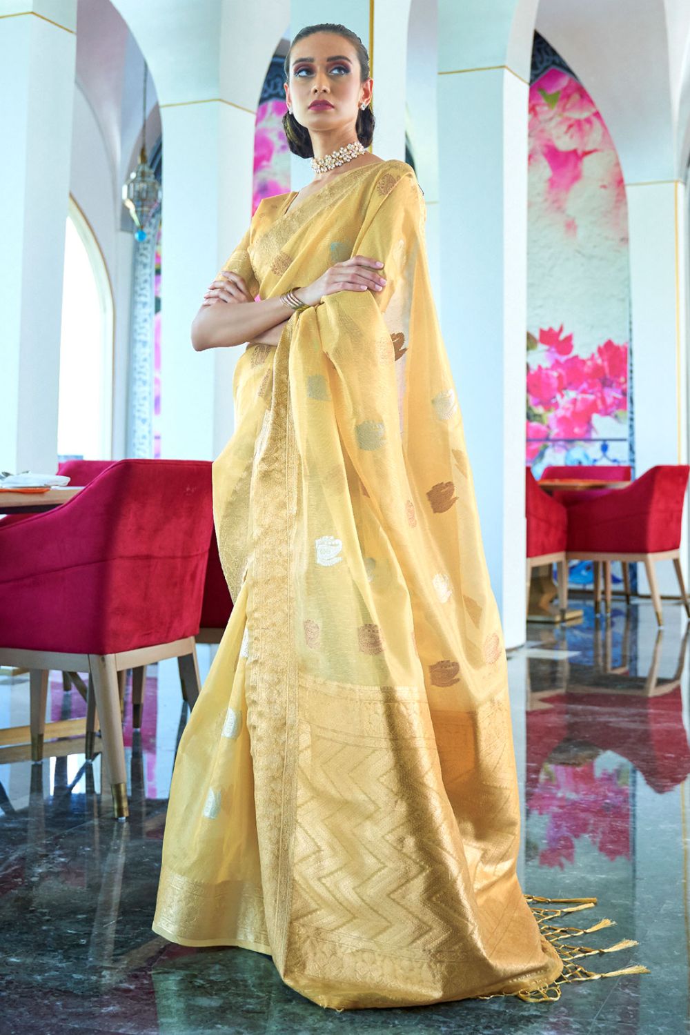 Lemon Tissue Zari Organza Party Wear Saree