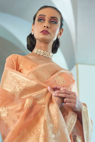 Peach Tissue Zari Organza Party Wear Saree