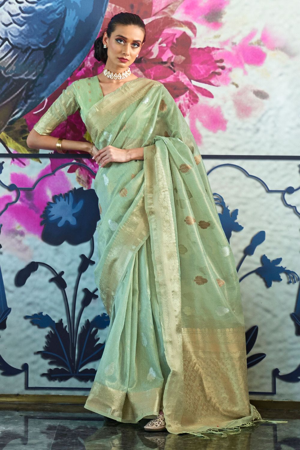 Mint Tissue Zari Organza Party Wear Saree