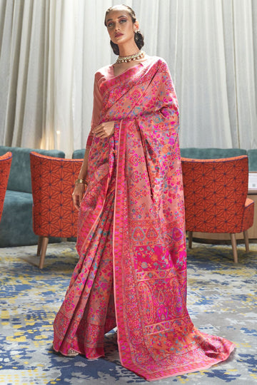 Dusty Pink Handloom Weaving Kashmiri Work Saree for Party