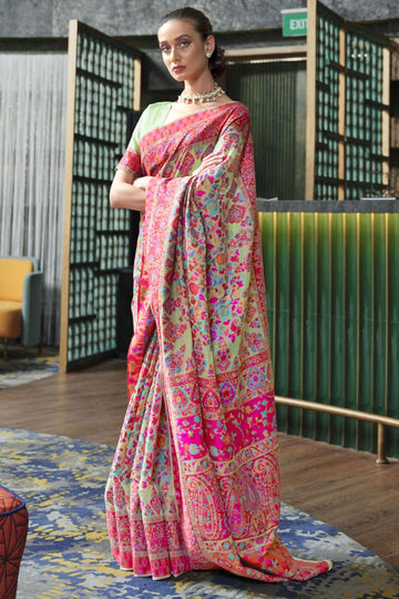 Pastel Green Handloom Weaving Kashmiri Work Saree for Party