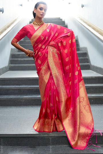 Hot Rani Pink Silk Weaving Work Party Wear Saree