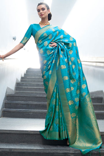 Firozi Blue Soft Woven Silk Saree for Party