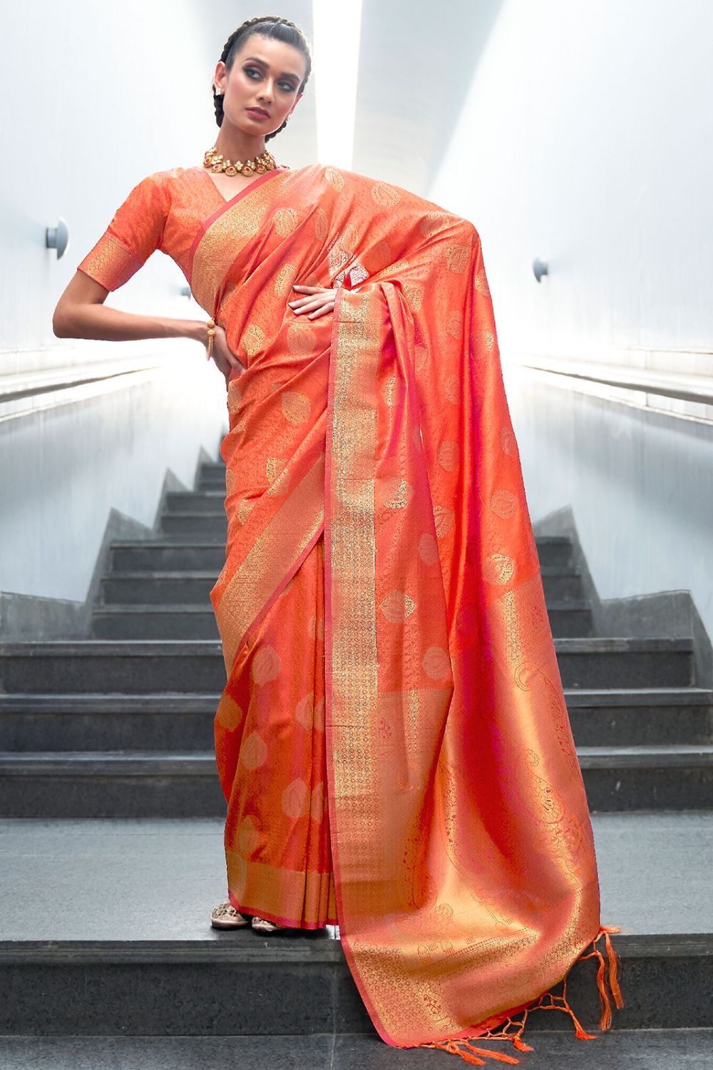 Salmon Orange Soft Woven Silk Saree for Party