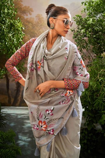 Grey Kalamkari Printed Linen Tissue Saree