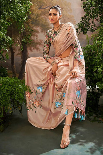 Blush Peach Kalamkari Printed Linen Tissue Saree