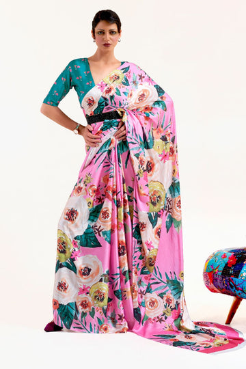 Pink Digital Print Satin Crepe Saree for Party