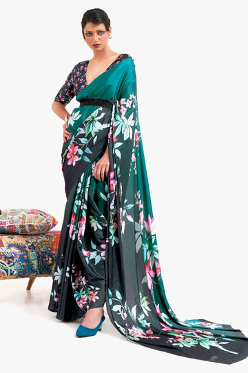 Rama Green and Black Digital Print Satin Crepe Saree for Party