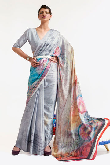 Silver Digital Print Satin Crepe Saree for Party