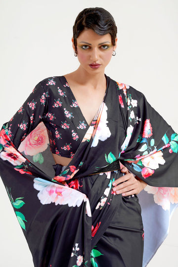 Black Digital Print Satin Crepe Saree for Party