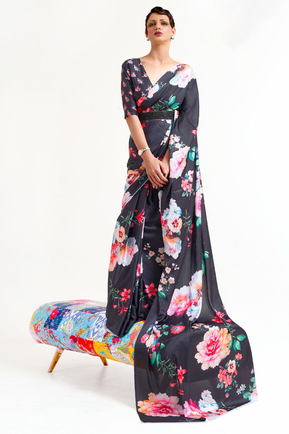 Black Digital Print Satin Crepe Saree for Party