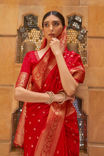 Hot Red Kanjivaram Woven Work Saree for Festival