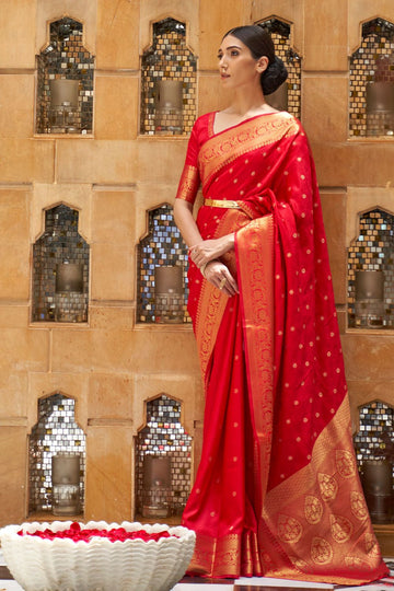 Hot Red Kanjivaram Woven Work Saree for Festival