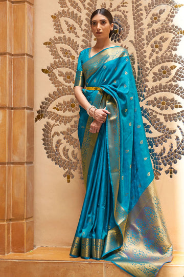 Azure Blue Kanjivaram Woven Work Saree for Festival