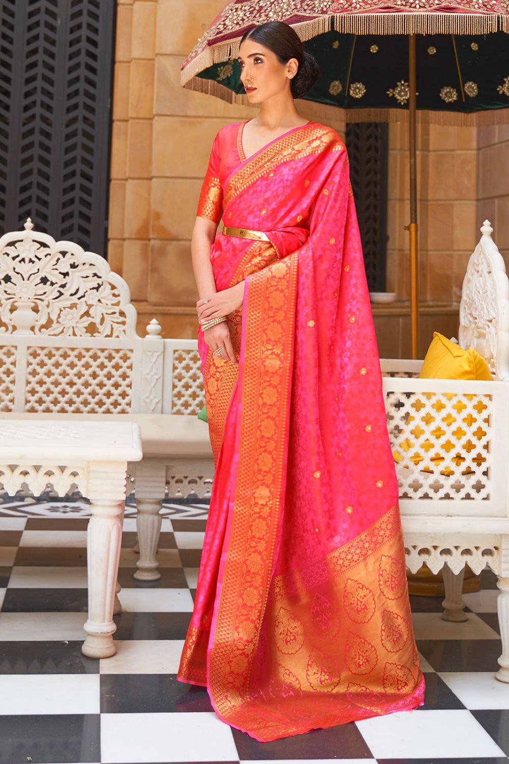 Rani Pink Kanjivaram Woven Work Saree for Festival