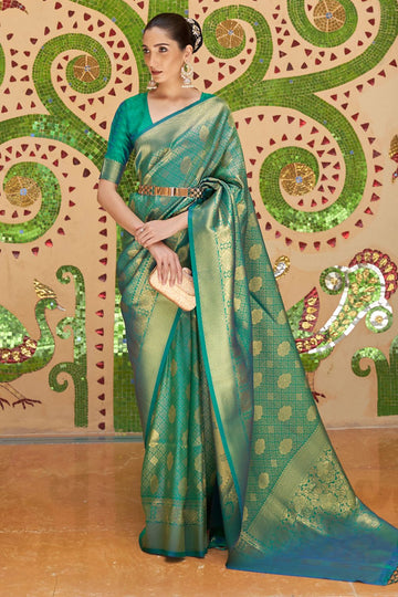 Rama Green Silk Weaving Work Party Wear Saree