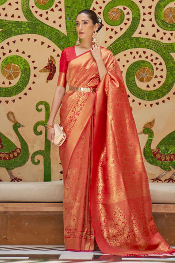 Coral Red Silk Weaving Work Party Wear Saree