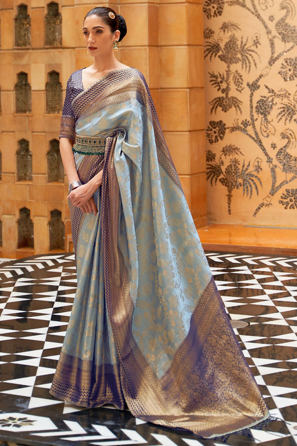 Grey Silk Zari Woven Saree for Party