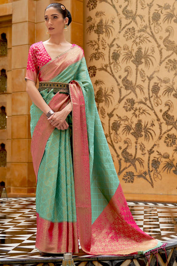 Sea Green Silk Zari Woven Saree for Party