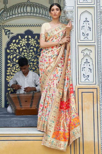 Off White Woven Work Saree for Wedding