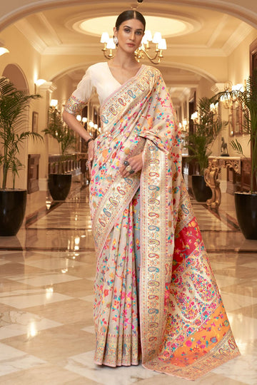 Ivory Kashmiri Weaving Handloom Silk Saree for Wedding