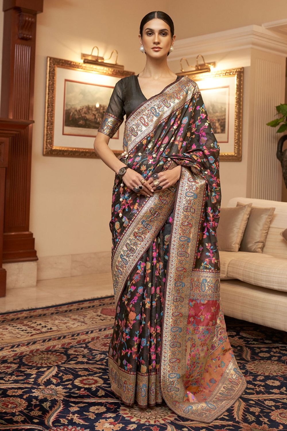 Black Kashmiri Weaving Handloom Silk Saree for Wedding