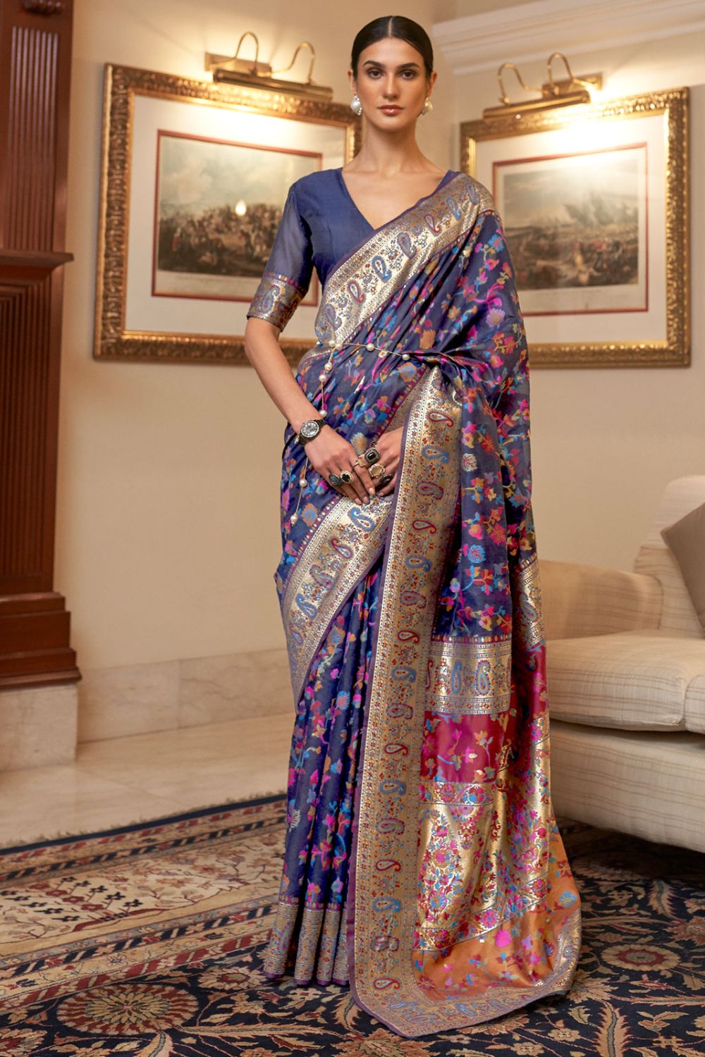 Midnight Blue Kashmiri Weaving Handloom Silk Saree for Wedding