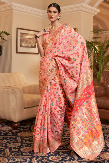 Coral Peach Kashmiri Weaving Handloom Silk Saree for Wedding