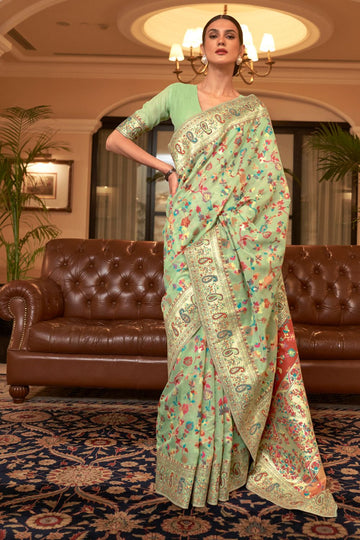 Pistachio Green Kashmiri Weaving Handloom Silk Saree for Wedding