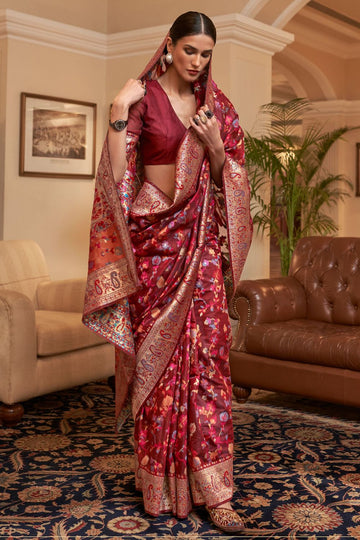 Maroon Kashmiri Weaving Handloom Silk Saree for Wedding