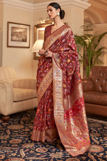 Maroon Kashmiri Weaving Handloom Silk Saree for Wedding