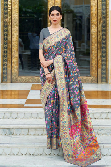 Grey Woven Work Saree for Wedding