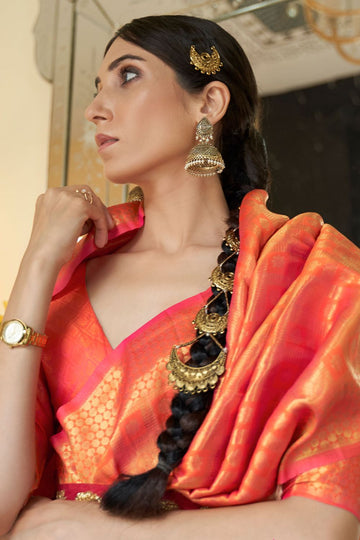 Coral Orange Handloom Silk Woven Saree