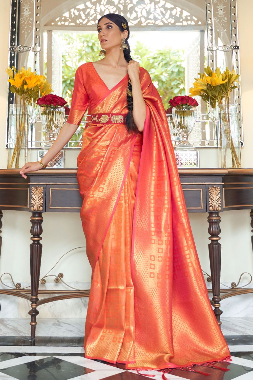 Coral Orange Handloom Silk Woven Saree