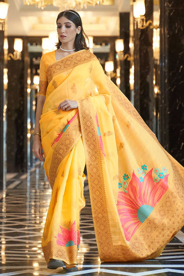 Yellow Linen Woven Work Saree for Festival