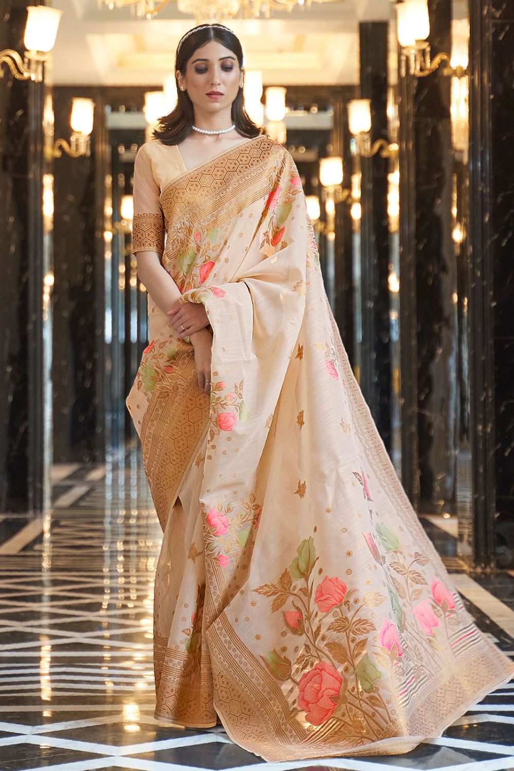 Ivory Linen Woven Work Saree for Festival