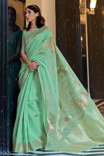 Mint Green Linen Woven Work Saree for Festival