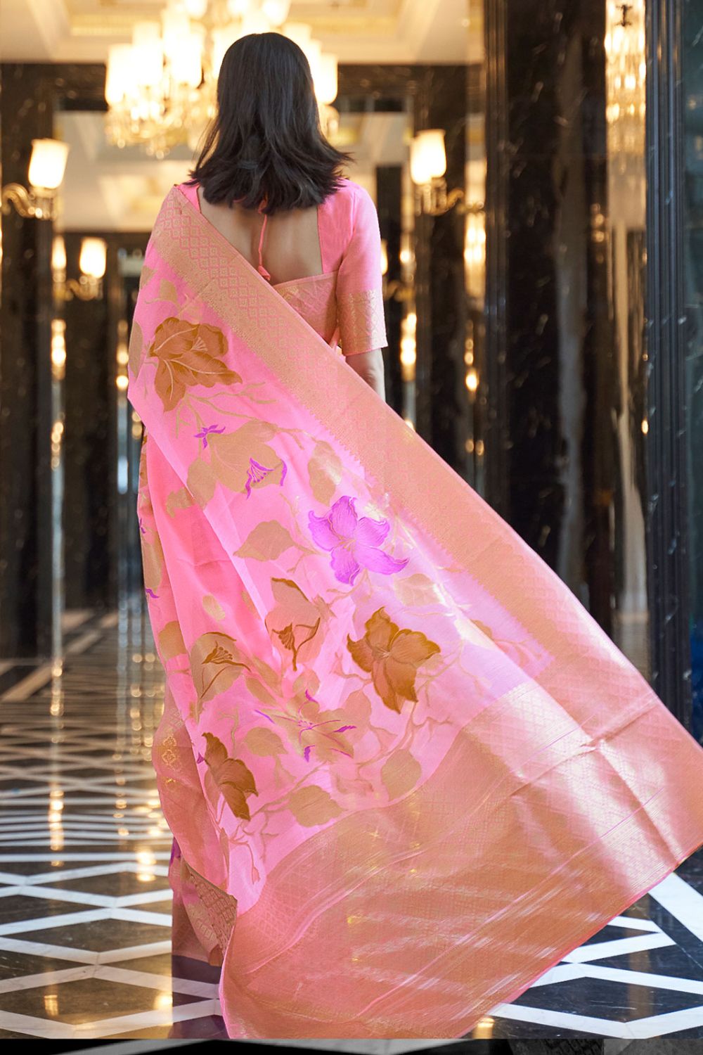 Carnation Pink Linen Woven Work Saree for Festival