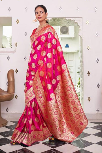 Rani Pink Satin Handloom Weaving Saree for Party