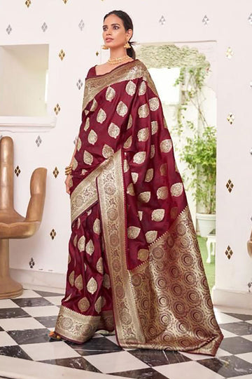 Maroon Satin Handloom Weaving Saree for Party