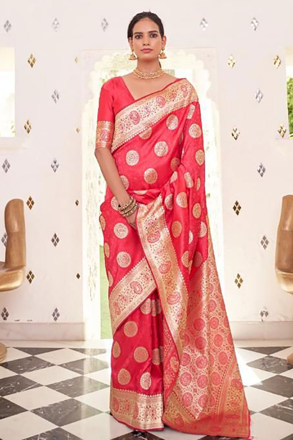 Gajari Pink Satin Handloom Weaving Saree for Party