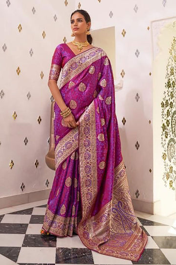 Magenta Satin Handloom Weaving Saree for Party