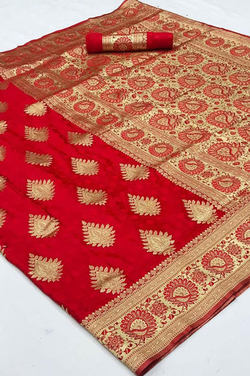 Hot Red Satin Handloom Weaving Saree for Party