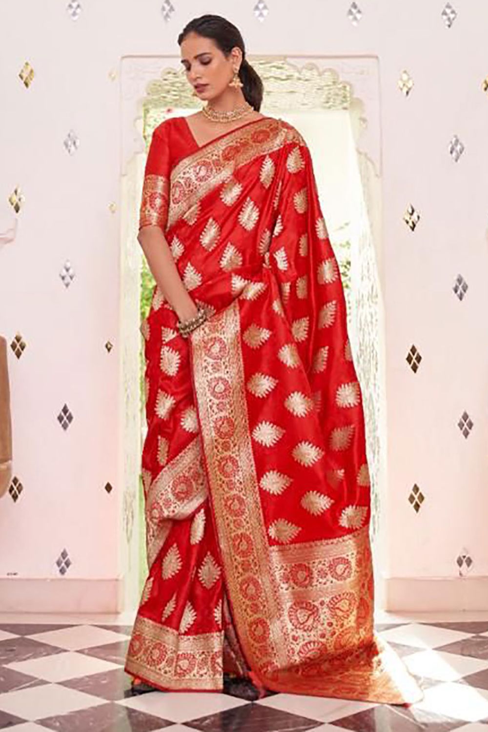 Hot Red Satin Handloom Weaving Saree for Party