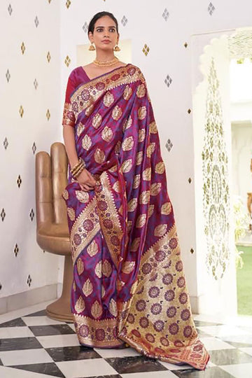 Wine Satin Handloom Weaving Saree for Party