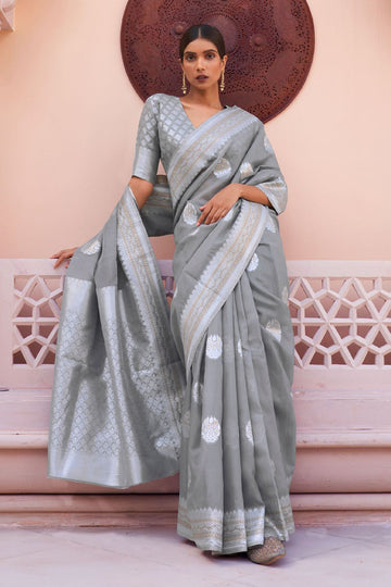 Grey Pure Linen Woven Saree for Party