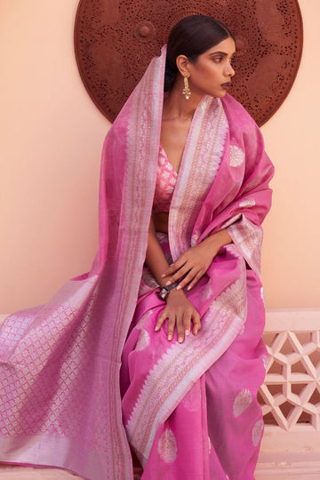 Pink Pure Linen Woven Saree for Party