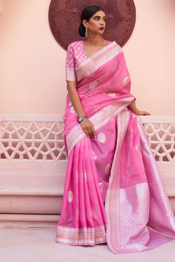 Pink Pure Linen Woven Saree for Party