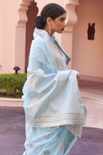 Sky Blue Pure Linen Woven Saree for Party