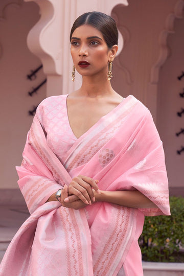 Pink Pure Linen Woven Saree for Party